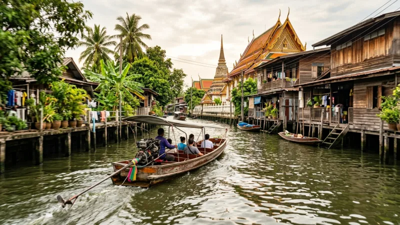 Private wooden longtail boat in Bangkok Thonburi khlongs