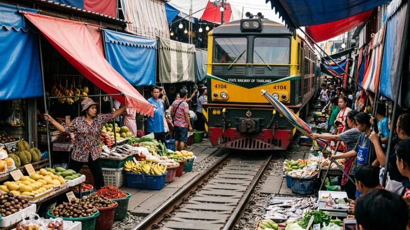 Maeklong Railway Market train passing market stalls