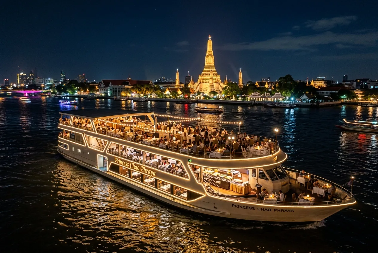 Princess Chao Phraya Dinner Cruise along Bangkok river passing illuminated Wat Arun