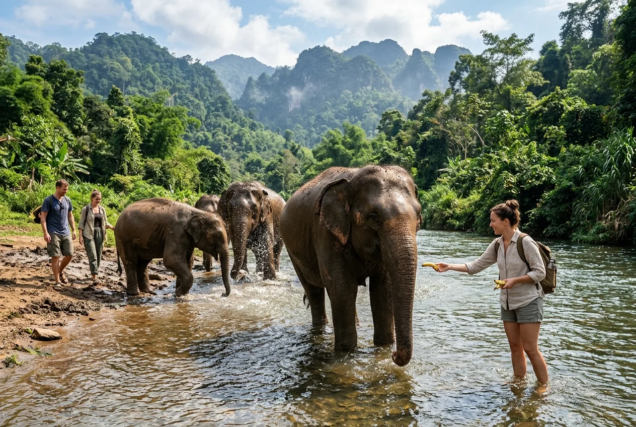Ethical elephant sanctuary half-day tour at Kerchor Elephant Eco Park Chiang Mai with feeding and river bathing