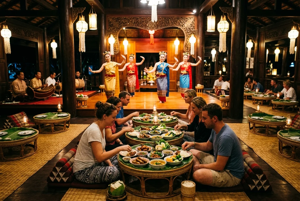 Authentic Khantoke traditional Lanna dinner with classical Thai dancers and live folk music in Chiang Mai