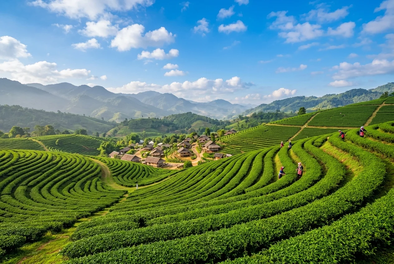 Rolling green tea plantations and traditional hill tribe village in Chiang Rai
