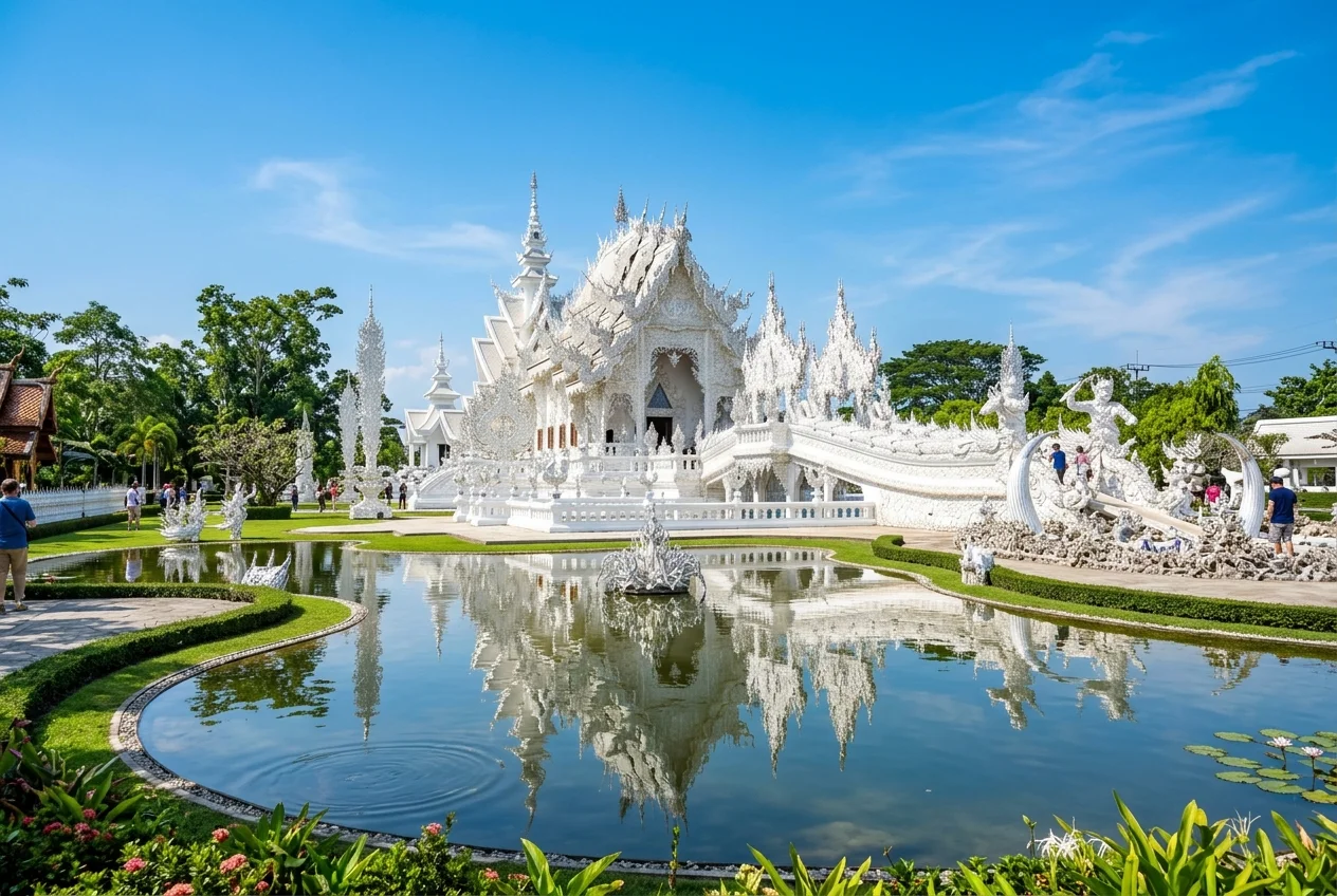 Wat Rong Khun White Temple in Chiang Rai reflected on water under a blue sky