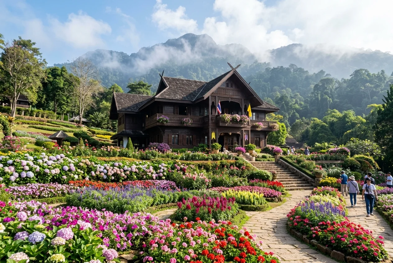 Doi Tung Royal Villa wooden chalet and colorful alpine flower gardens in Chiang Rai