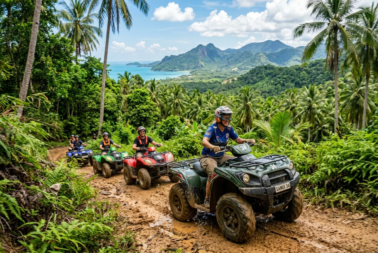 ATV Adventure Experience navigating jungle trails and mountain viewpoints in Koh Samui