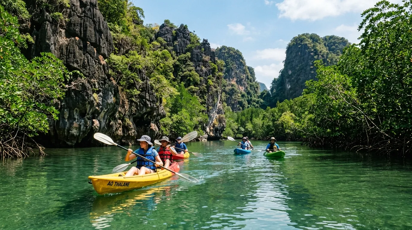 Sea kayaking through limestone canyons and mangrove waterways at Ao Thalane Krabi