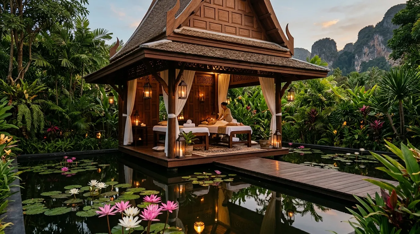 Luxury outdoor spa sanctuary at Banyan Tree Krabi with Thai herbal treatments