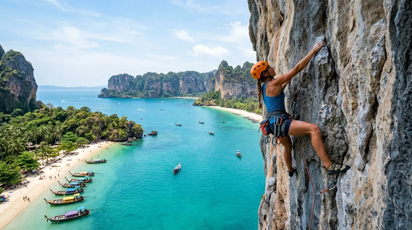 Rock climbing on limestone crags at Railay Beach Krabi with instructor